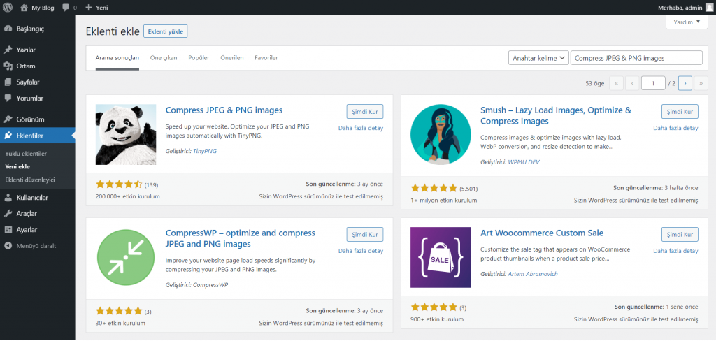 WordPress Eklenti Mağazasından TinyPng Arama ve Kurma