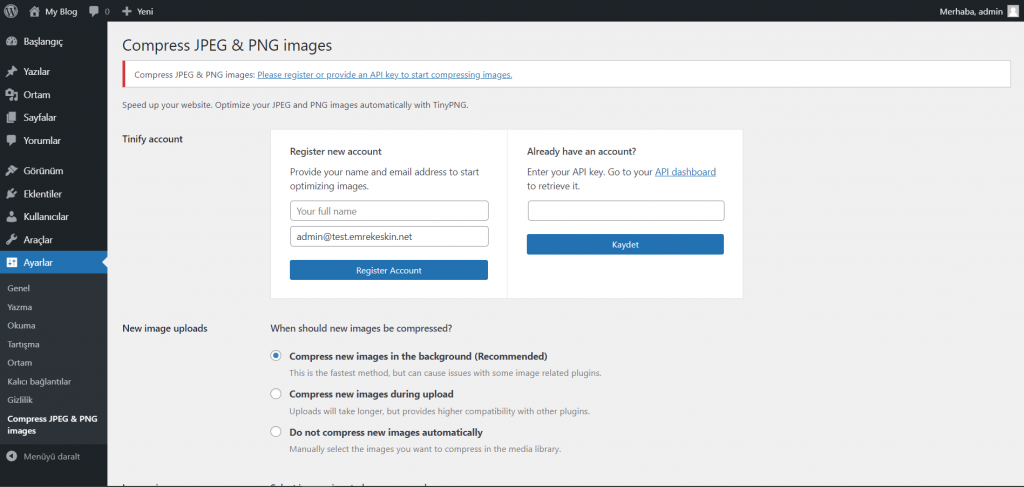 WordPress TinyPng Yönetim Panelinden API key Girişi